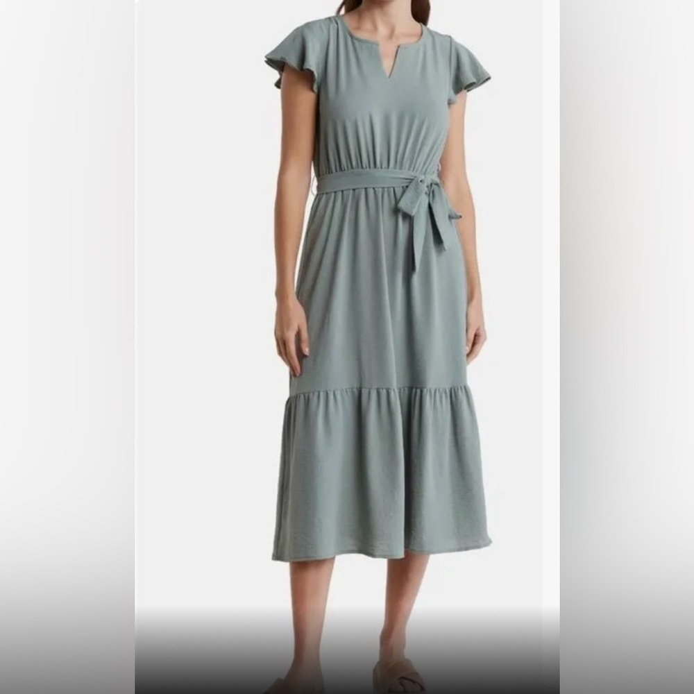 Lucky Brand Flutter Sleeve Midi Dress Small Sage Green Modest Church Fall Chic